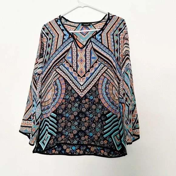 Tolani silk long sleeve blouse abstract print tunic navy blue Anthropologie - Picture 3 of 7